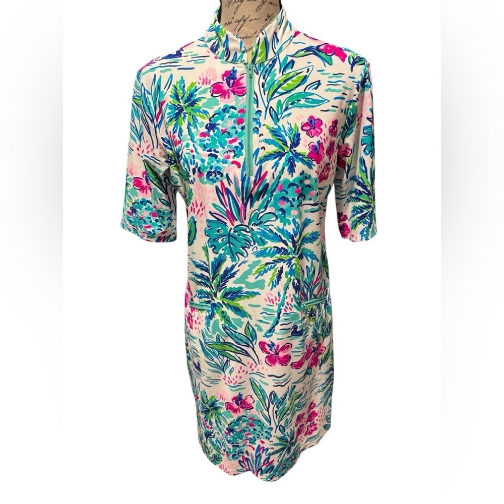 ARYEH Paradise Glow Short Sleeve Knee Length Bright Tropical Dress Size Small
